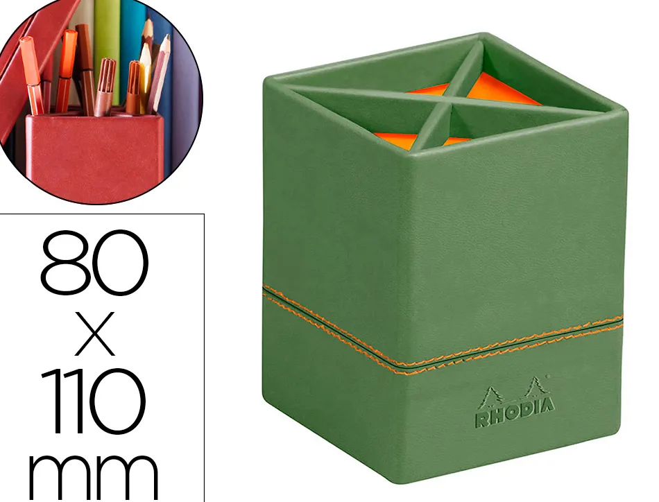Pot crayons rhodiarama 4 compartiments en simil cuir sauge velout 8x8x11cm