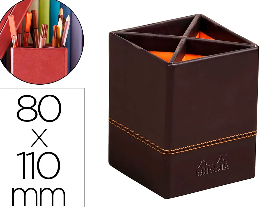 Pot crayons rhodiarama quatre compartiments en simil cuir noir velout 8x8x11cm