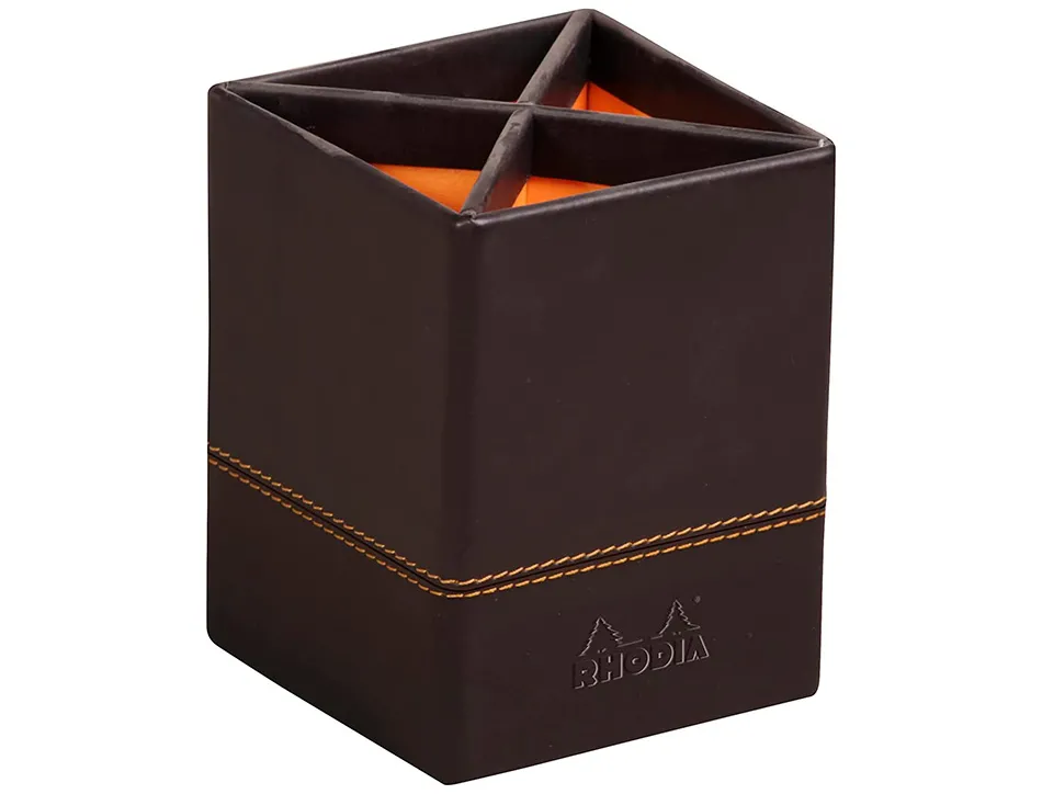 Pot crayons rhodiarama quatre compartiments en simil cuir noir velout 8x8x11cm