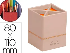 Pot crayons rhodiarama quatre compartiments en simil cuir taupe velout 8x8x11cm