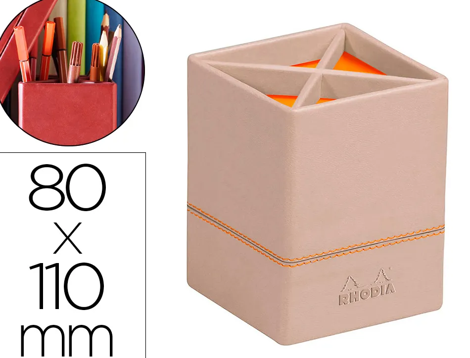 Pot crayons rhodiarama quatre compartiments en simil cuir taupe velout 8x8x11cm