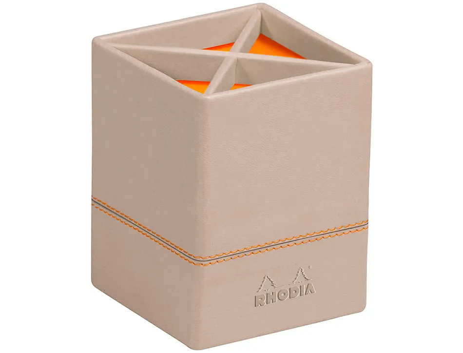 Pot crayons rhodiarama quatre compartiments en simil cuir taupe velout 8x8x11cm