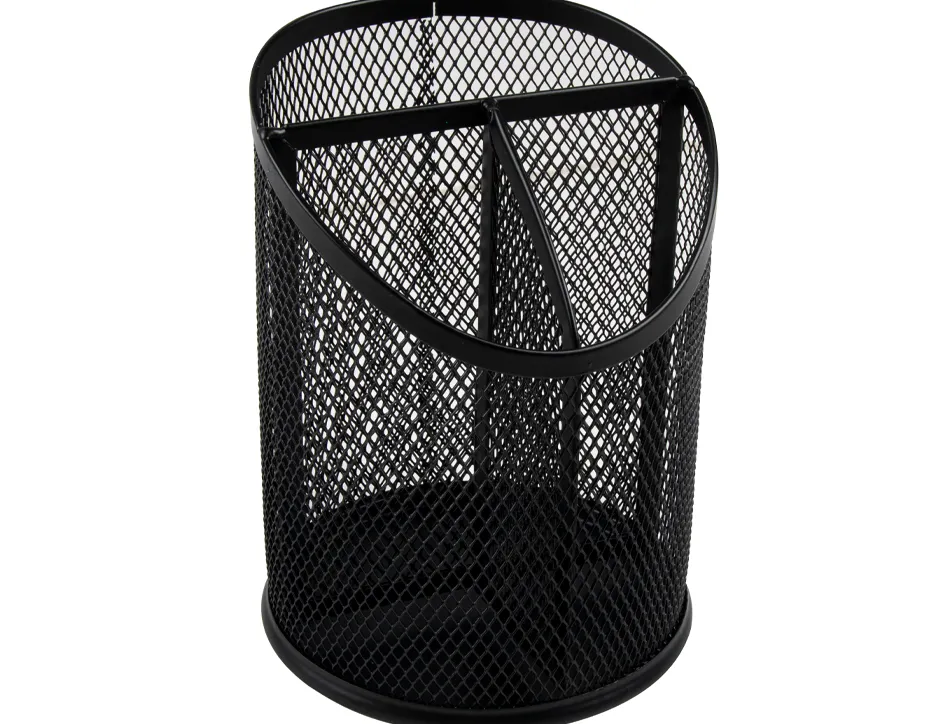 Pot a crayons q-connect maille metallique 3 compartiments hauteur 147 mm diametre 110mm coloris noir