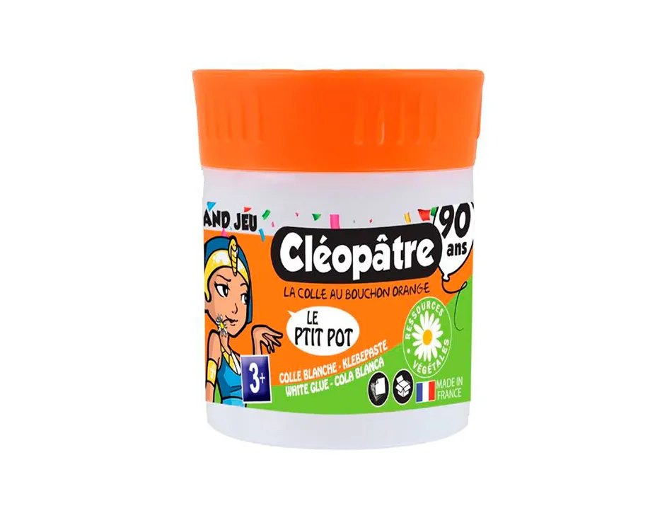 Pot de colle blanche cleopatre en pate de 35gr a l'odeur d'amande avec spatule