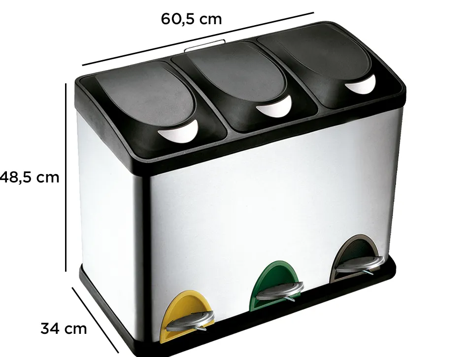 Poubelle q-connect métallique pédale couvercle plastique 45l 3 compartiments 15l