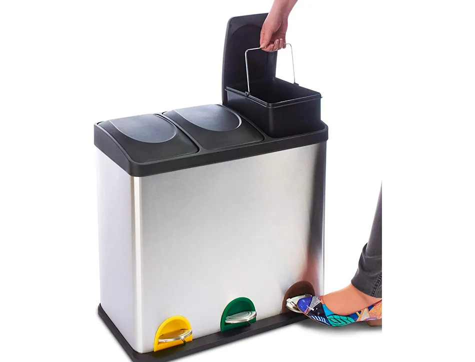 Poubelle q-connect métallique pédale couvercle plastique 45l 3 compartiments 15l