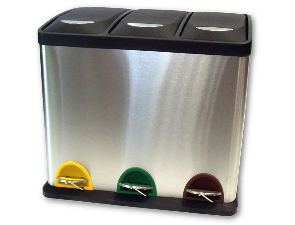 Poubelle q-connect métallique pédale couvercle plastique 45l 3 compartiments 15l