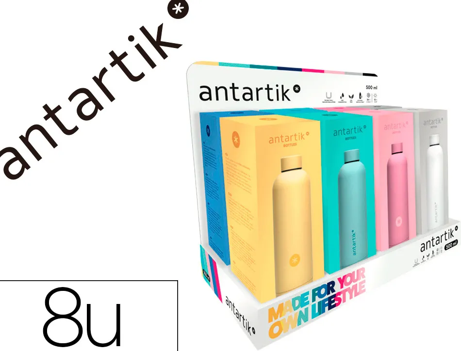 Presentoir antartik bouteille isotherme acier inoxydable sans bpa 750ml coloris assortis 8 unites