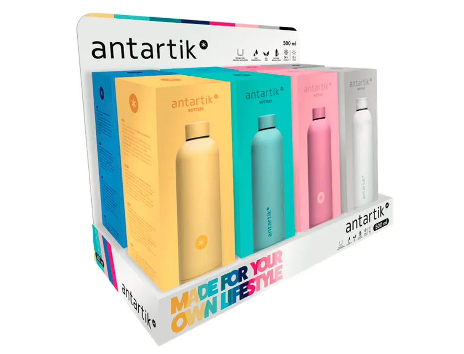 Presentoir antartik bouteille isotherme acier inoxydable sans bpa 750ml coloris assortis 8 unites