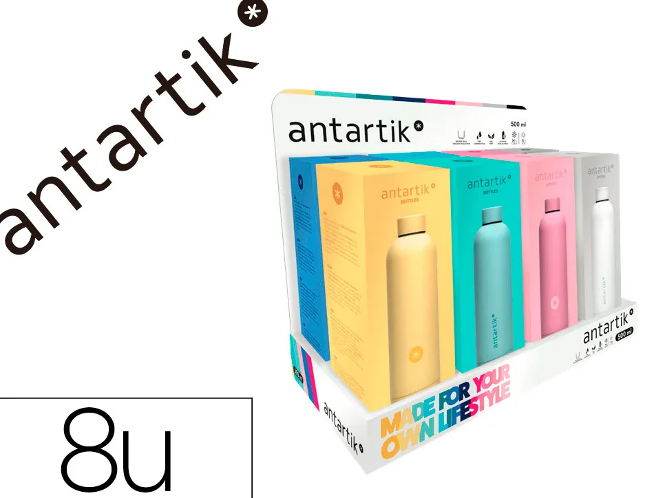 Presentoir antartik bouteille isotherme acier inoxydable sans bpa 500ml coloris assortis 8 unites