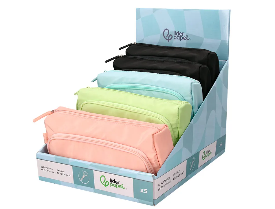 Presentoir de 5 trousses liderpapel minibag 2 fermetures eclair avec poche interieure 290x310x230mm