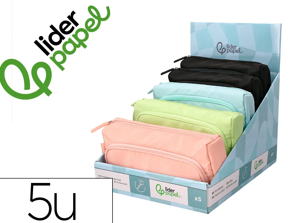 Presentoir de 5 trousses liderpapel minibag 2 fermetures eclair avec poche interieure 290x310x230mm