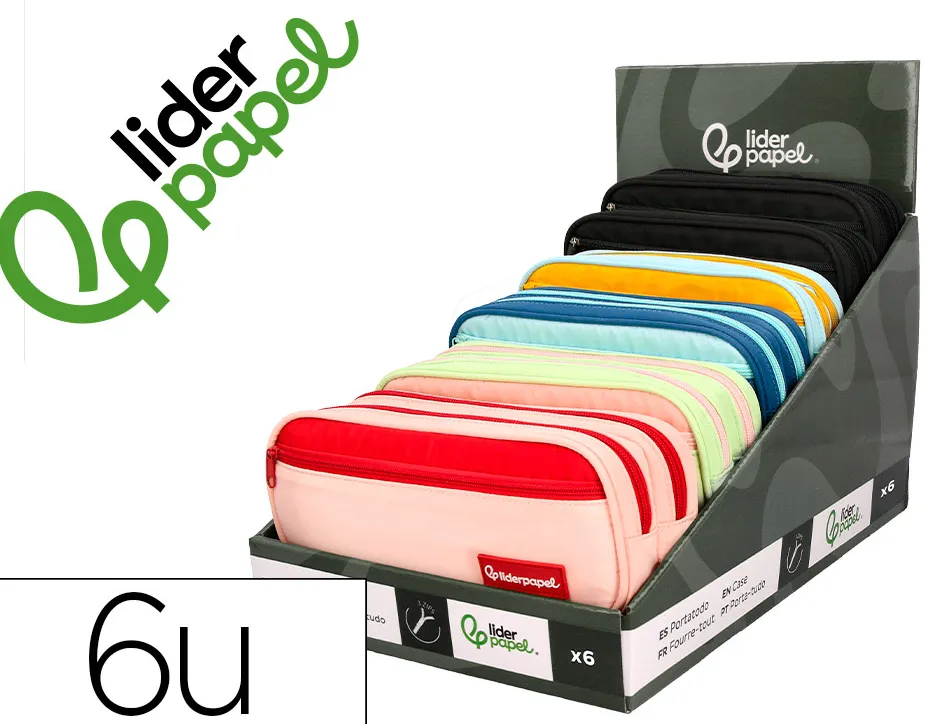 Presentoir de 6 trousses liderpapel duo 2 fermetures eclair avec poche a l'avant dim 300x230x385mm