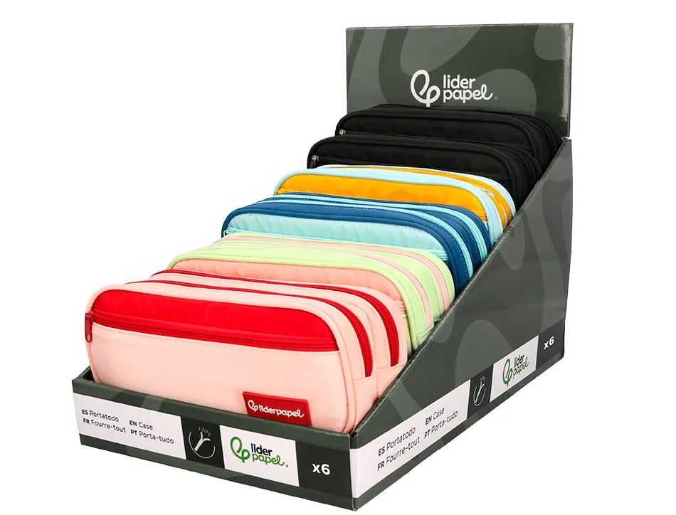 Presentoir de 6 trousses liderpapel duo 2 fermetures eclair avec poche a l'avant dim 300x230x385mm