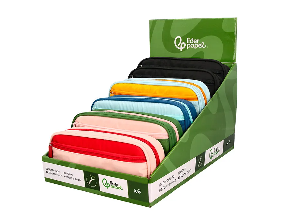 Presentoir de 5 trousses liderpapel duo 3 fermetures eclair avec poche a l'avant 300x230x385mm