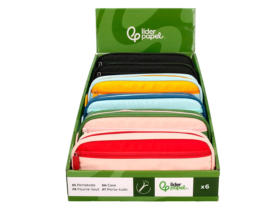 Presentoir de 5 trousses liderpapel duo 3 fermetures eclair avec poche a l'avant 300x230x385mm