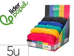 Presentoir de 5 trousses liderpapel color pop 2 fermetures eclair avec 1 compartiment extensible