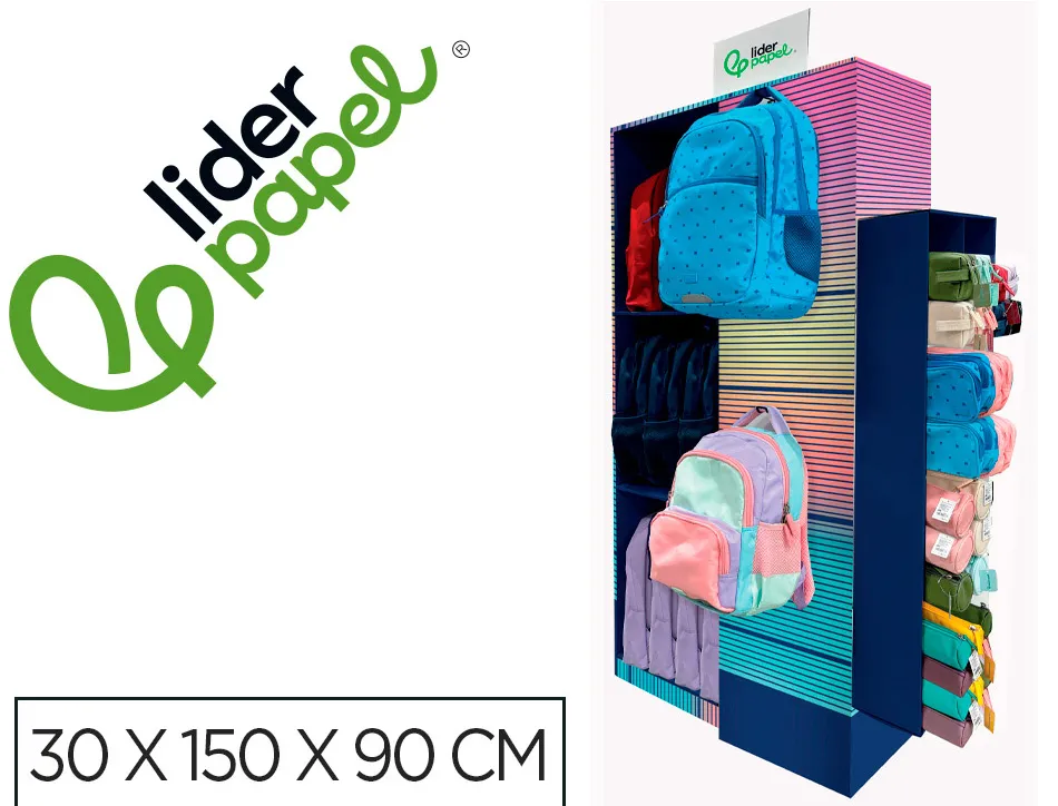 Presentoir de sol liderpapel sacs a dos et trousses de sol en carton avec 60 unites assorties 30x150x90cm