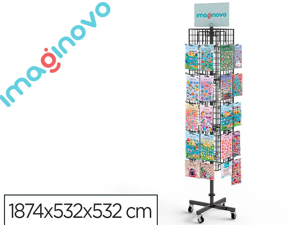 Presentoir imaginovo metallique rotatif autocollants avec 40 crochets reglables assortiment de