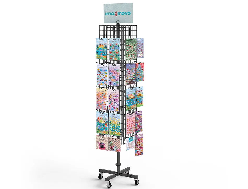 Presentoir imaginovo metallique rotatif autocollants avec 40 crochets reglables assortiment de