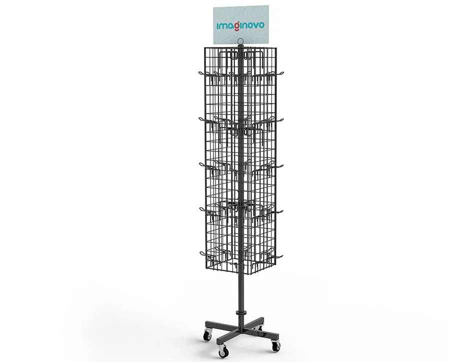 Presentoir imaginovo metallique rotatif autocollants avec 40 crochets reglables assortiment de