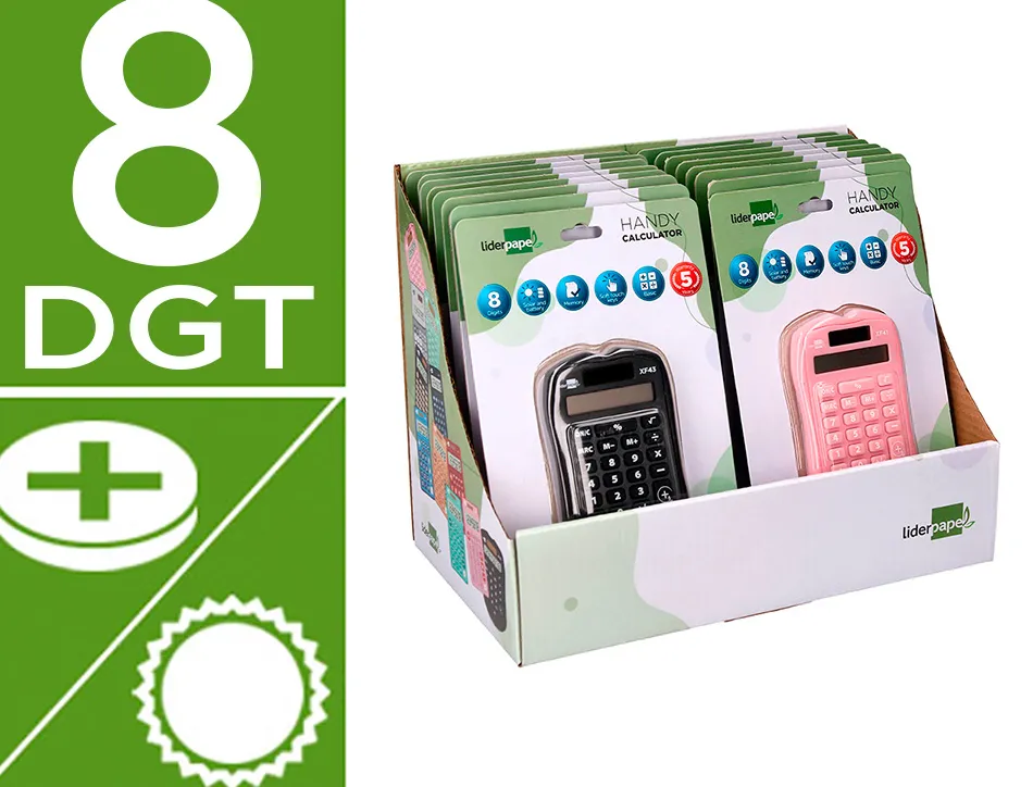 Presentoir liderpapel calculatrice de poche xf44 8 chiffres solaire et piles 94x59,5x10,5mm coloris