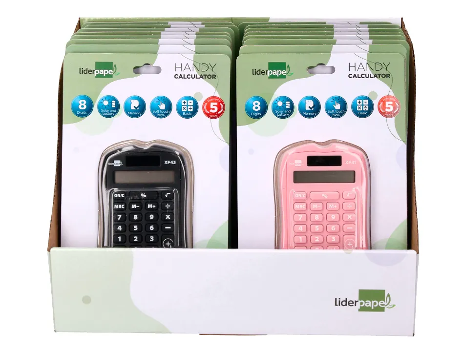 Presentoir liderpapel calculatrice de poche xf44 8 chiffres solaire et piles 94x59,5x10,5mm coloris