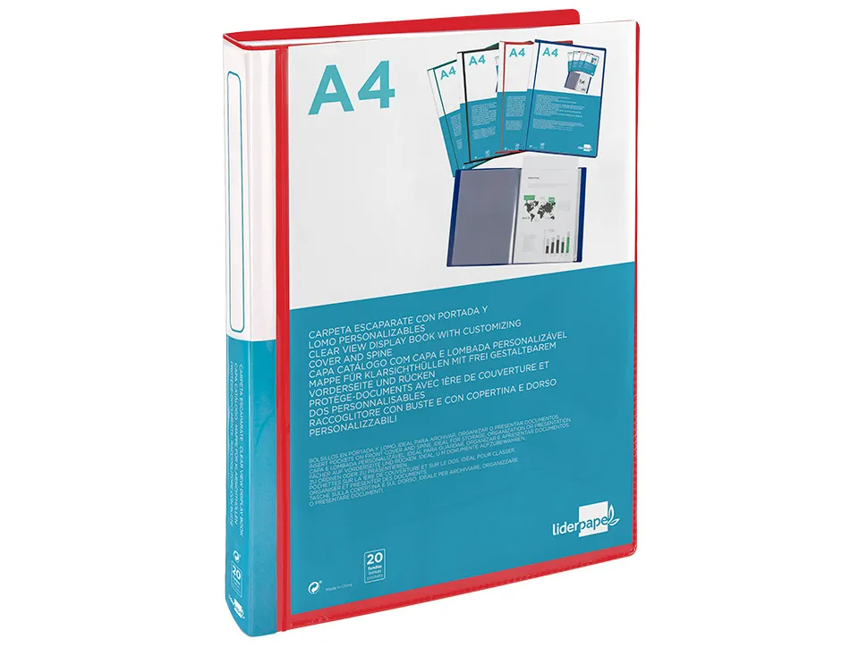 Protege-docs liderpapel kangourou personnalisable polypro 20 pochettes fixes a4 210x297mm rouge translucide