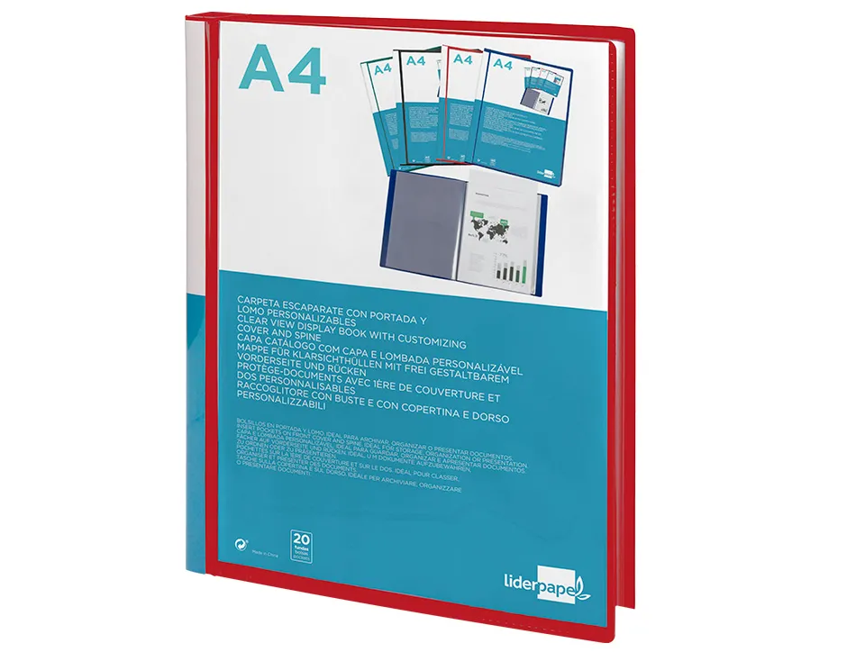 Protege-docs liderpapel kangourou personnalisable polypro 20 pochettes fixes a4 210x297mm rouge translucide