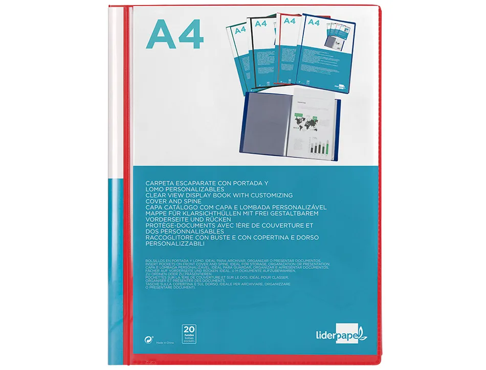 Protege-docs liderpapel kangourou personnalisable polypro 20 pochettes fixes a4 210x297mm rouge translucide