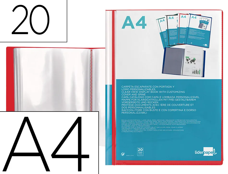 Protege-docs liderpapel kangourou personnalisable polypro 20 pochettes fixes a4 210x297mm rouge translucide