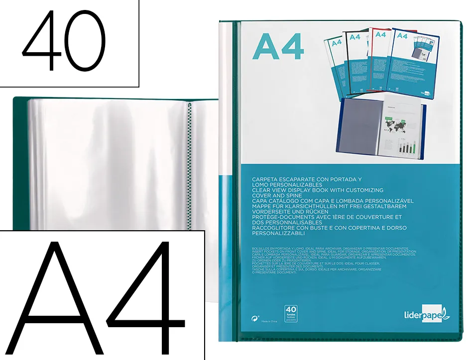 Protege-docs liderpapel kangourou personnalisable polypro 40 pochettes fixes a4 210x297mm vert translucide