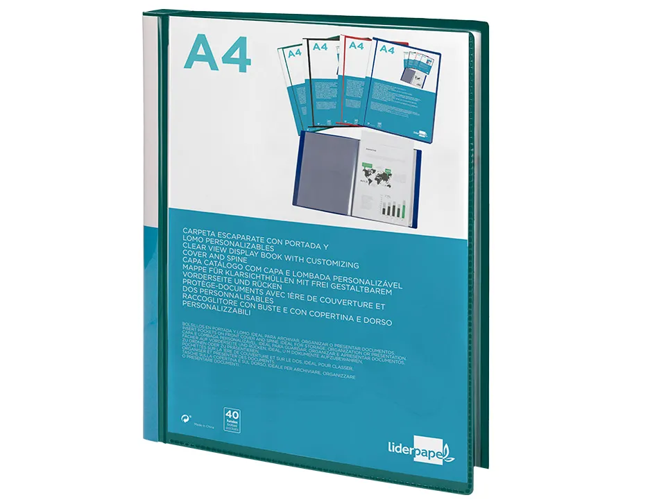 Protege-docs liderpapel kangourou personnalisable polypro 40 pochettes fixes a4 210x297mm vert translucide
