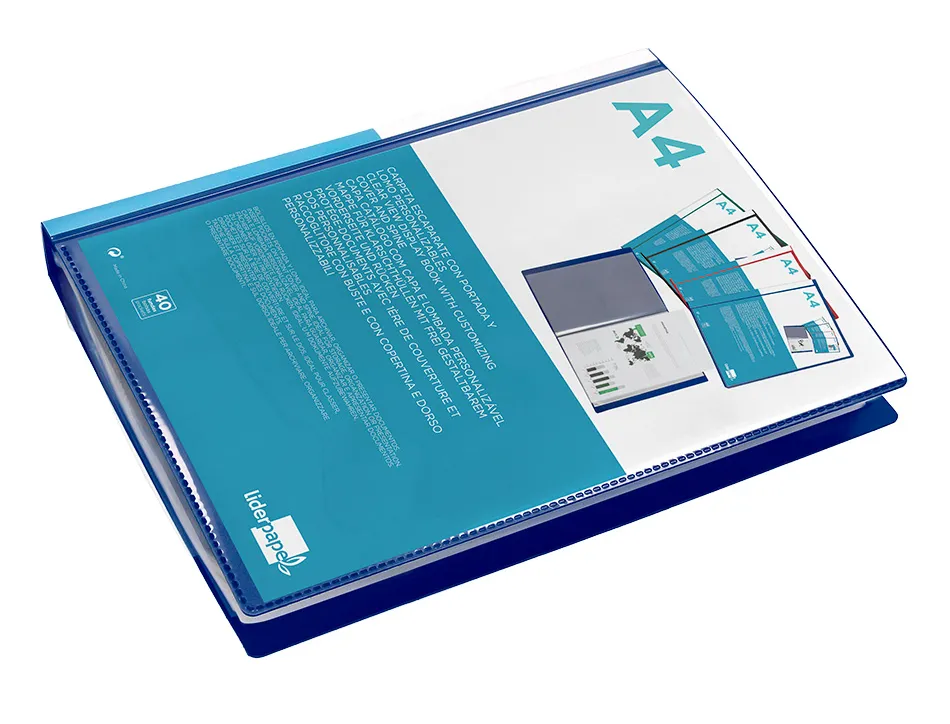 Protege-docs liderpapel kangourou personnalisable polypro 40 pochettes fixes a4 210x297mm bleu translucide