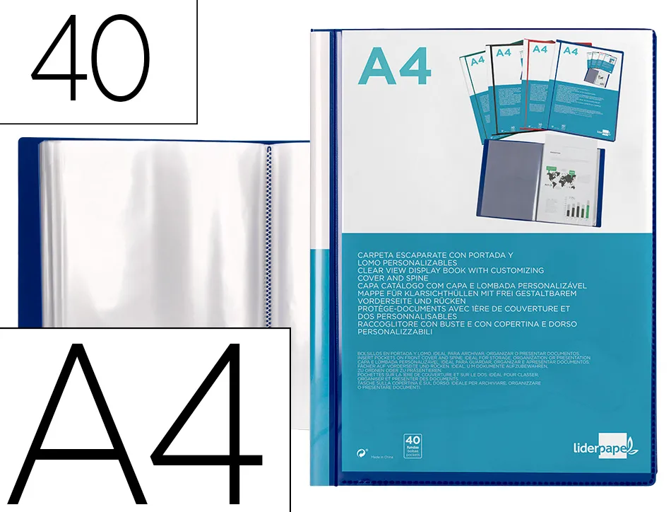 Protege-docs liderpapel kangourou personnalisable polypro 40 pochettes fixes a4 210x297mm bleu translucide