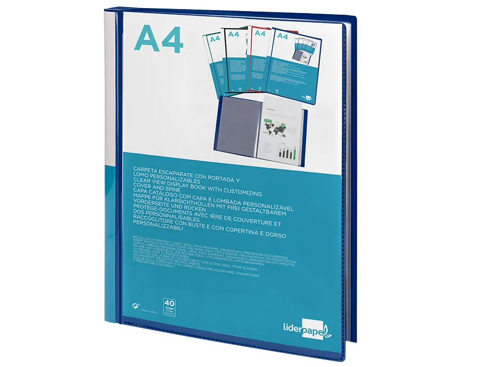 Protege-docs liderpapel kangourou personnalisable polypro 40 pochettes fixes a4 210x297mm bleu translucide