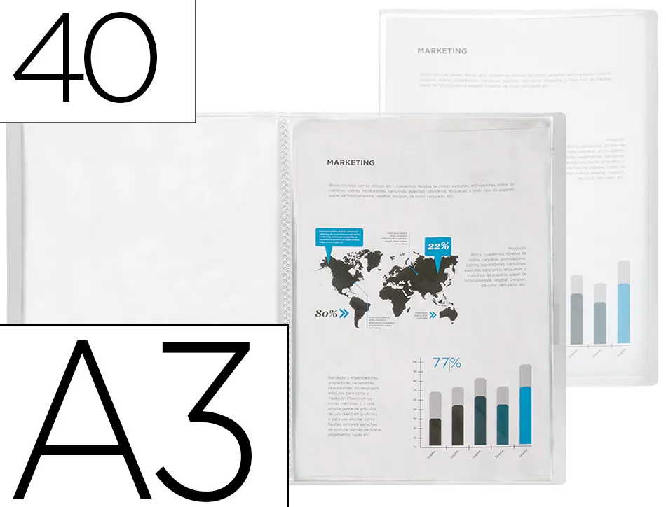 Protege-documents liderpapel polypropylene couverture flexible 40 pochettes fixes a3 coloris transparent
