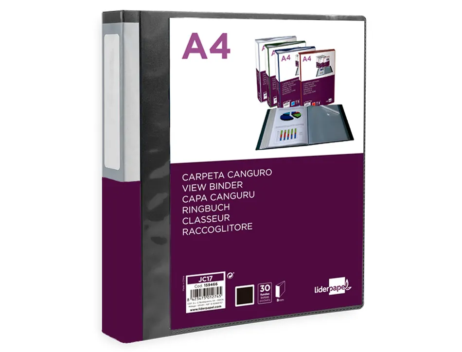 Protege-documents liderpapel personnalisable kangourou polypropylene 30 pochettes fixes a4 coloris noir opaque