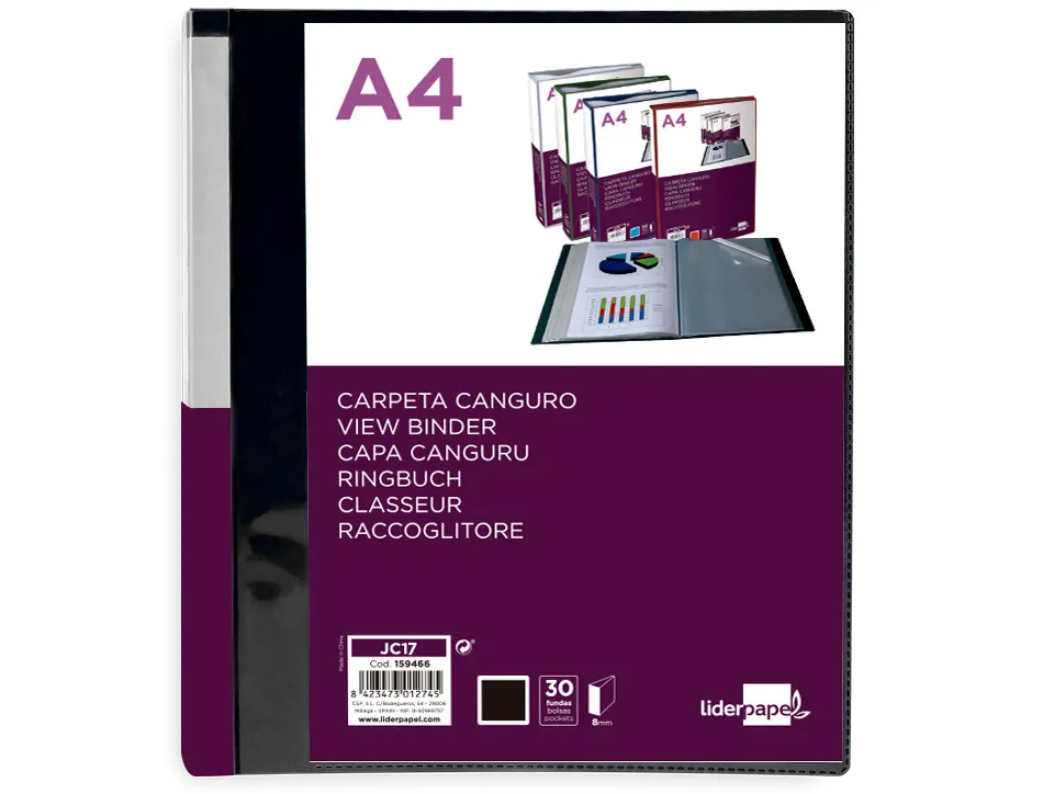 Protege-documents liderpapel personnalisable kangourou polypropylene 30 pochettes fixes a4 coloris noir opaque