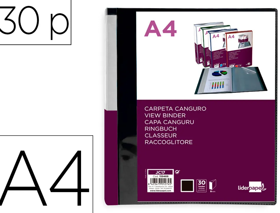 Protege-documents liderpapel personnalisable kangourou polypropylene 30 pochettes fixes a4 coloris noir opaque