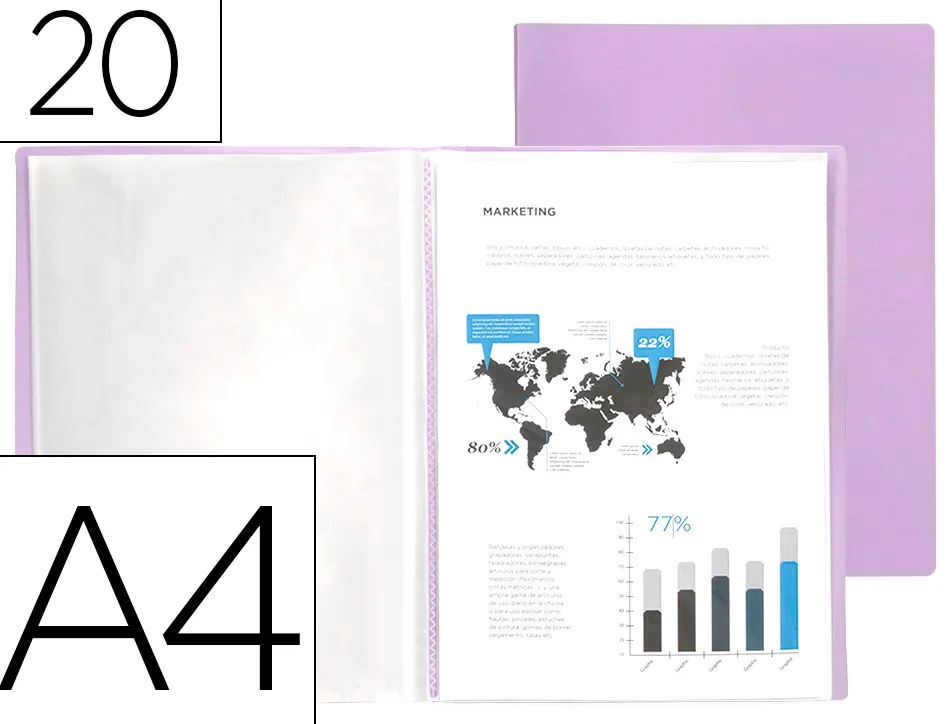 Protege-documents liderpapel polypropylene couverture flexible 20 pochettes fixes a4 210x297mm lavande opaque