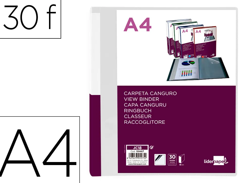 Protege-documents liderpapel personnalisable kangourou polypropylene 30 pochettes fixes a4 coloris transparent