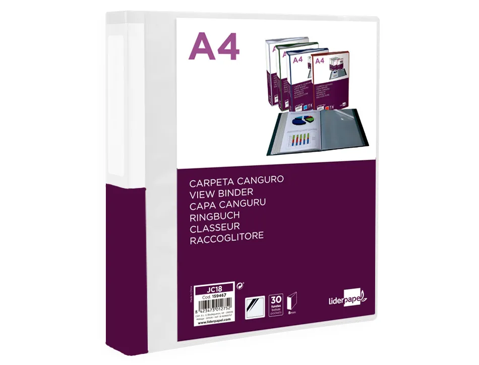 Protege-documents liderpapel personnalisable kangourou polypropylene 30 pochettes fixes a4 coloris transparent
