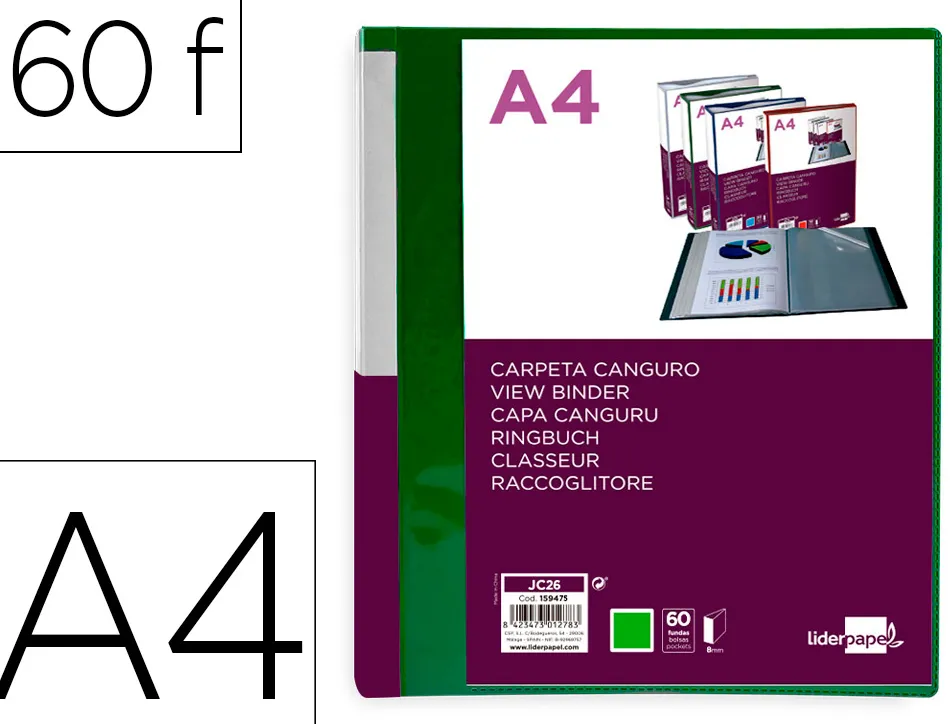 Protege-documents liderpapel personnalisable kangourou polypropylene 60 pochettes fixes a4 coloris vert