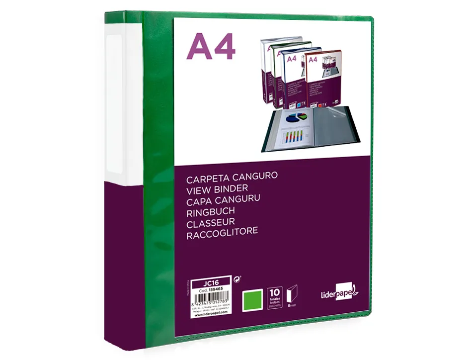Protege-documents liderpapel personnalisable kangourou polypropylene 10 pochettes fixes a4 coloris vert