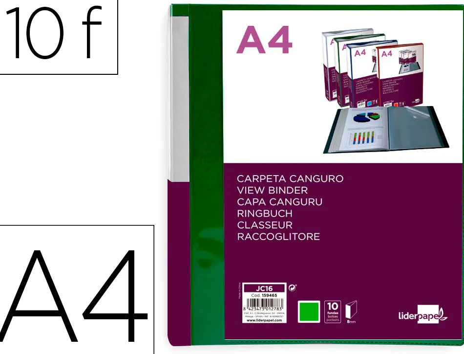 Protege-documents liderpapel personnalisable kangourou polypropylene 10 pochettes fixes a4 coloris vert