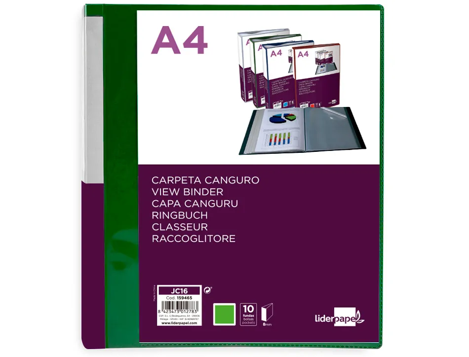 Protege-documents liderpapel personnalisable kangourou polypropylene 10 pochettes fixes a4 coloris vert