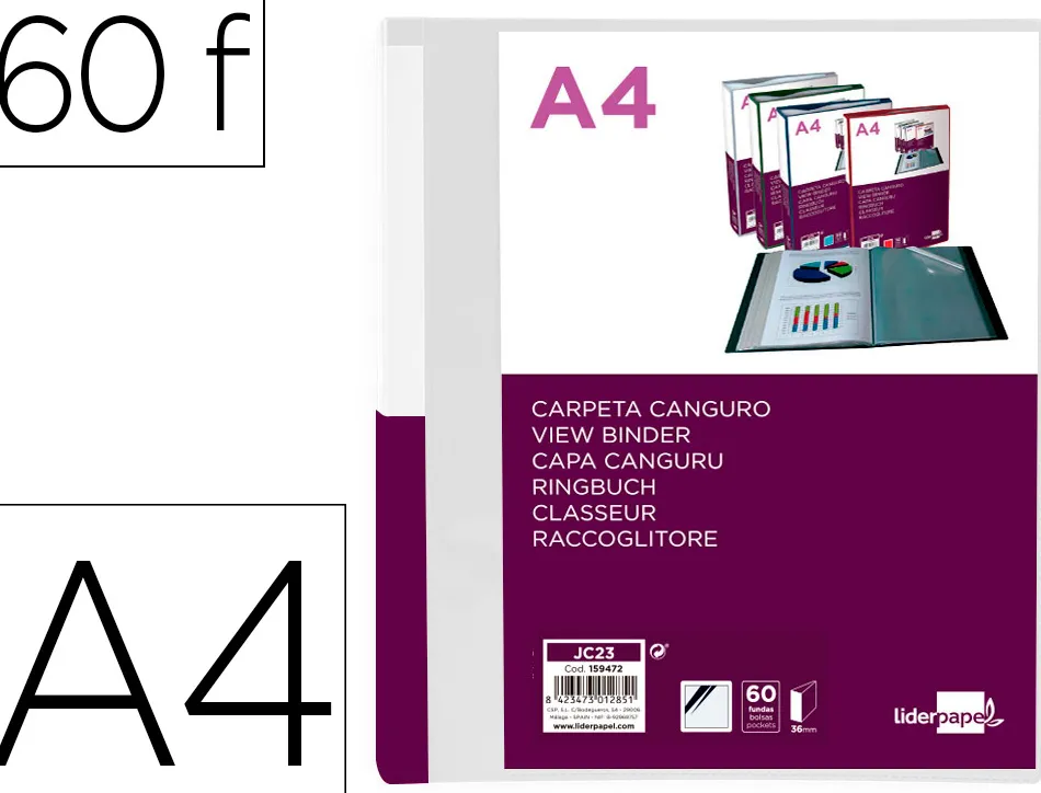 Protege-documents liderpapel personnalisable kangourou polypropylene 60 pochettes fixes a4 coloris transparent