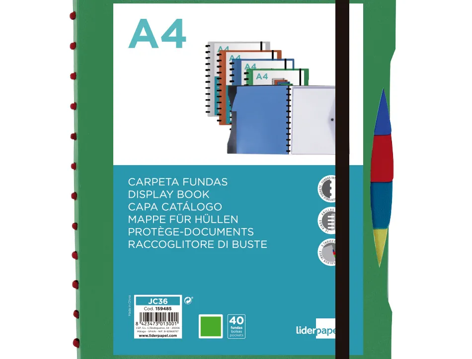 Protege-documents liderpapel personnalisable kangourou 40 pochettes amovibles 5 intercalaires a4 vert