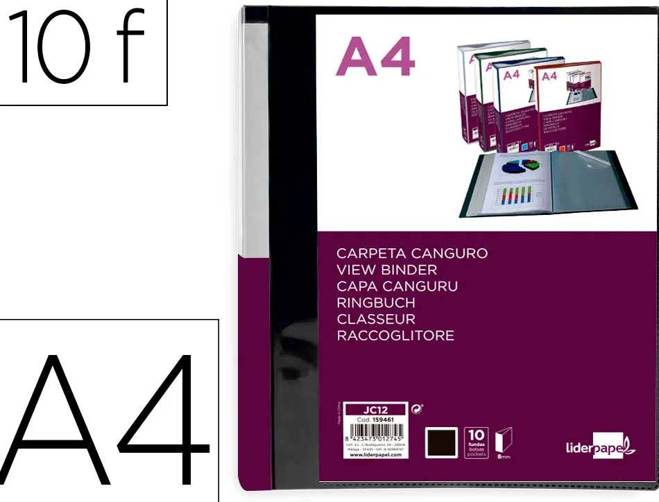 Protege-documents liderpapel personnalisable kangourou polypropylene 10 pochettes fixes a4 coloris noir opaque